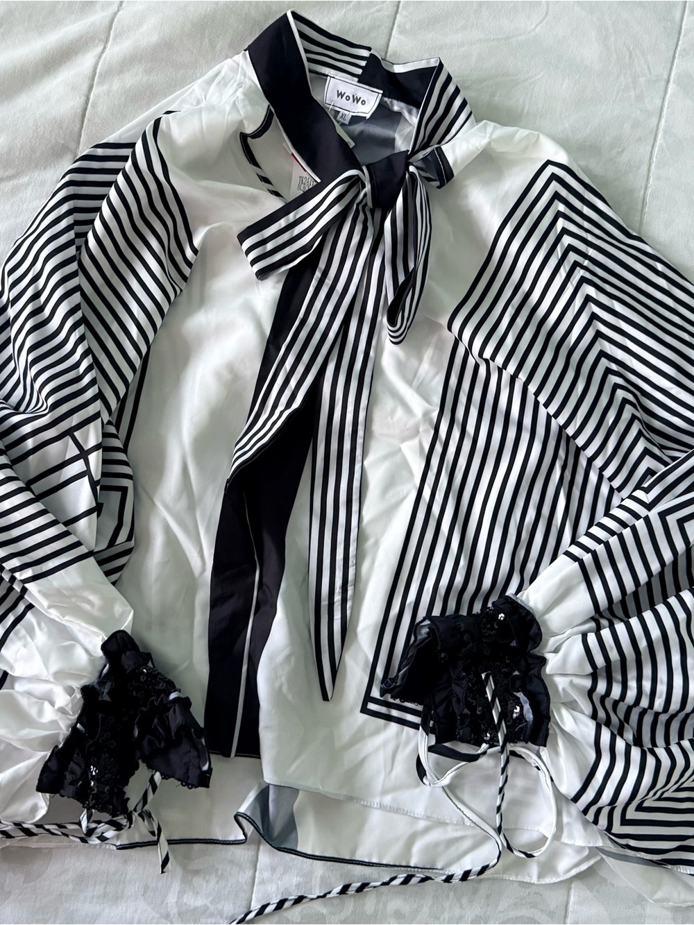 WoWo Black & White Striped Bow-Tie Blouse